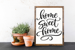 Rustic Home Sweet Home SVG sign design with elegant calligraphy script and swirl flourishes, perfect for farmhouse wall decor, welcome home signs, porch signs and DIY wood sign projects.