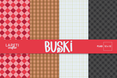 Plaid digital paper set with classic red, brown, and black patterns in rustic Christmas tones for crafts and cards.