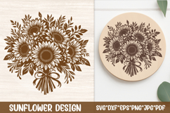 Rustic sunflower bouquet SVG line art on wood background, ideal for Cricut, Silhouette, and laser engraving round signs, cutting boards, and farmhouse kitchen wall decor projects.