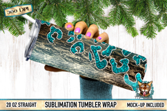 Teal leopard woodgrain sublimation tumbler wrap mockup on 20oz straight skinny tumbler