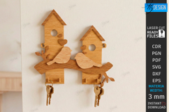 Rustic Bird Key Holder Laser Cut | Decorative Wall Hook SVG Product Image 1
