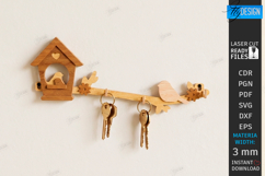 Rustic Bird Key Holder Laser Cut | Decorative Wall Hook SVG Product Image 1