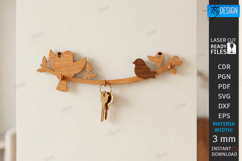Rustic Bird Key Holder Laser Cut | Decorative Wall Hook SVG Product Image 1