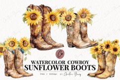 Watercolor Sunflower Cowboy Boots Clipart Product Image 1