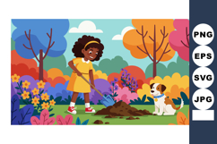 Girl gardening in colorful autumn park with dog playing besi Product Image 1