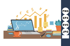 Laptop with financial charts and currency symbols on desk wi Product Image 1