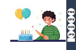 Boy Celebrating Birthday with Cake and Balloons in Green Str Product Image 1
