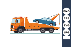 Tow truck carrying blue car vehicle illustration in flat sty Product Image 1
