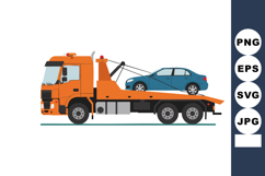 Orange tow truck carrying blue sedan car vector illustration Product Image 1