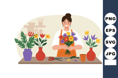 Florist arranging colorful flowers in workshop with vases an Product Image 1