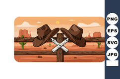 Cowboy hats and crossed pistols on wooden fence in desert su Product Image 1
