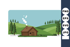 Wooden Cabin in Green Hills Landscape Vector Illustration wi Product Image 1