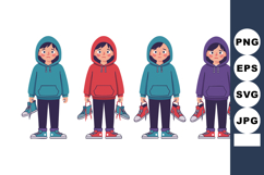 Boys in colorful hoodies holding ice skates vector illustrat Product Image 1