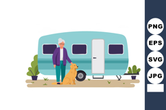 Elderly Woman Standing Next to Dog and Caravan in Outdoor Se Product Image 1