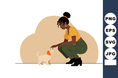 Woman feeding small dog sitting outdoors in casual clothes v Product Image 1