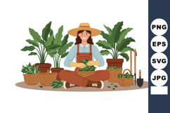 Woman gardener harvesting fresh herbs with pots and gardenin Product Image 1