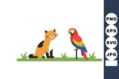 Cat and colorful parrot sitting on grass in simple flat vect Product Image 1