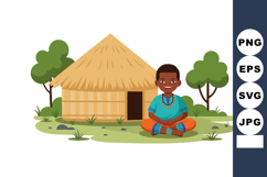 African Village Hut with Smiling Boy Sitting Cross Legged Ou Product Image 1
