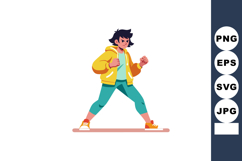 Young person walking confidently in yellow jacket and teal p Product Image 1