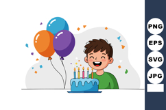 Happy boy celebrating birthday with balloons and cake in col Product Image 1