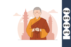 Buddhist monk in traditional robe with temple silhouette bac Product Image 1