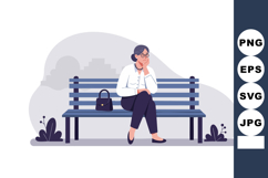 Woman sitting on blue park bench with handbag and thoughtful Product Image 1