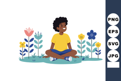 Boy sitting cross legged surrounded by colorful flowers in o Product Image 1