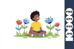 Child Sitting Cross Legged Among Colorful Flowers Vector Ill Product Image 1