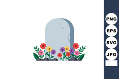 Gravestone with Colorful Flowers and Green Leaves Vector Ill Product Image 1
