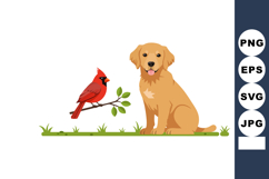Golden retriever dog sitting near red cardinal bird on green Product Image 1