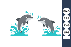 Two playful dolphins jumping through blue water splashes vec Product Image 1