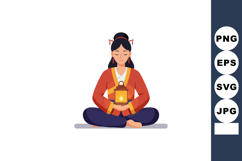 Woman in traditional Asian clothing holding lantern sitting Product Image 1