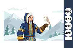Woman in traditional winter clothing holding owl in snowy mo Product Image 1