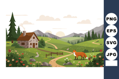 Fox in natural countryside landscape with house and pine tre Product Image 1