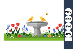 Birdbath with Yellow Birds and Red Tulips Garden Spring Flow Product Image 1