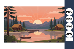 Mountain Sunset Lake Landscape with Wooden Cabins and Rowboa Product Image 1