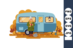 Elderly woman enjoying autumn camping with blue caravan and Product Image 1