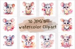 Cute Mouse envelope watercolor Clipart Bundle- 10, JPG Product Image 1