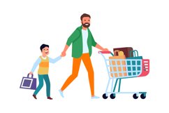 Father and son shopping together. Man pushing cart with perc Product Image 1