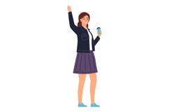 Happy young woman with raised hand. Girl with coffee cup gre Product Image 1