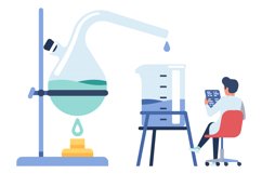 Chemical experiment. Heating blue liquid in laboratory glass Product Image 1