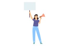 Young woman with megaphone and blank placard. Protester char Product Image 1