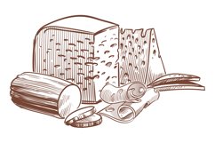 Hand drawn cheese. Art composition with cheeses. Whole and h Product Image 1