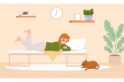 Girl resting on bed and looking at cat. Cute kitten sleep, t Product Image 1