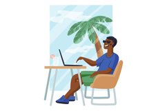 Cartoon freelancer. Man working at computer. Tropical resor Product Image 1