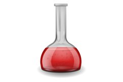 Chemical laboratory glassware. Red liquid in glass flask. L Product Image 1