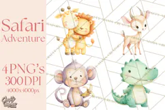 Pastel Safari Baby Animals Clipart PNG, Nursery Watercolor Product Image 1