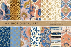 Saffron themed bohemian seamless patterns with mustard, teal, and terracotta floral motifs including elegant leaf designs.