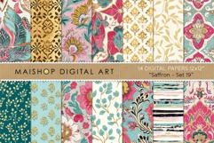 Saffron themed bohemian seamless patterns with teal, gold, and pink floral motifs including elegant leaf and tile designs.