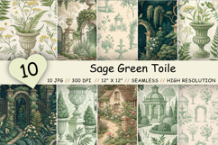 Sage Green Toile Digital Paper Pack, Seamless Floral Pattern Bundle, Printable Scrapbook Paper, French Country Botanical Design Bundle